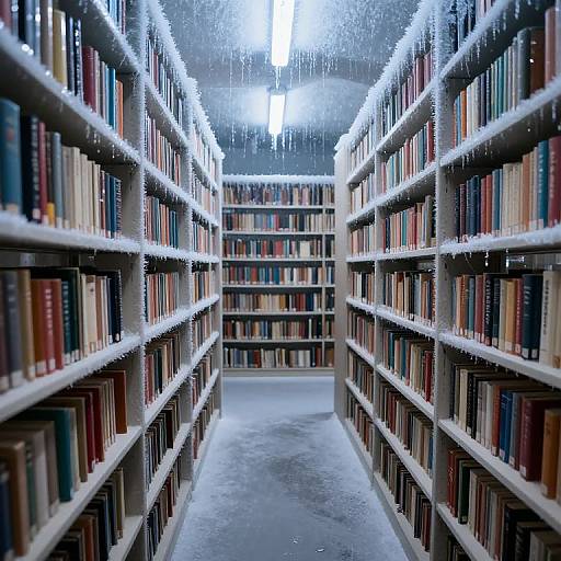 Photograph of a snow-covered library aisle with shelves of colorful books on both sides, leading to a back wall of more books, under bright, icy
