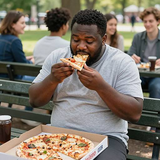 Photograph of a bearded Black man with short curly hair, wearing a light gray t-shirt, eating a slice of pepperoni pizza in a park