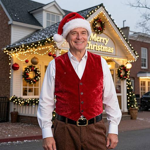 Photograph of an elderly man in a red velvet vest, white shirt, brown pants, and Santa hat, smiling in front of a Christmas-lit