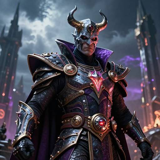 Digital art of a muscular, armored demon with horns, glowing red chest emblem, and dark medieval castle background under a stormy sky.