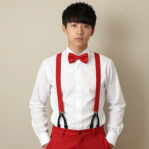 Photograph of an Asian man with black hair, wearing a white shirt, red bowtie, red suspenders, and matching red pants, standing against