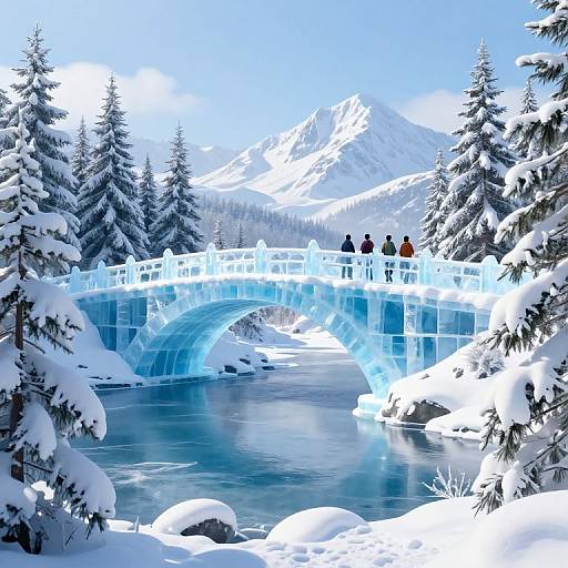 Photograph of a glowing blue ice bridge over a snow-covered river, surrounded by snow-laden evergreen trees and a mountainous winter landscape, with