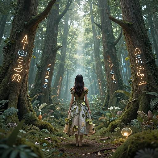 Digital artwork of a woman with long black hair, in a floral dress, walking down a mystical forest path with glowing letters on trees, surrounded by mushrooms