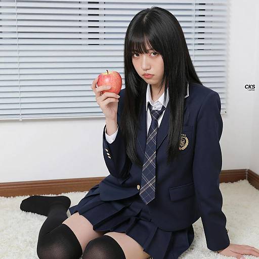 Asian Schoolgirl with Apple Pose