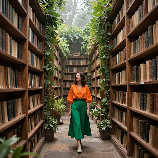 Photograph of a young woman with dark hair, wearing an orange blouse and green skirt, walking down a narrow, wooden bookshelf-filled library corridor with