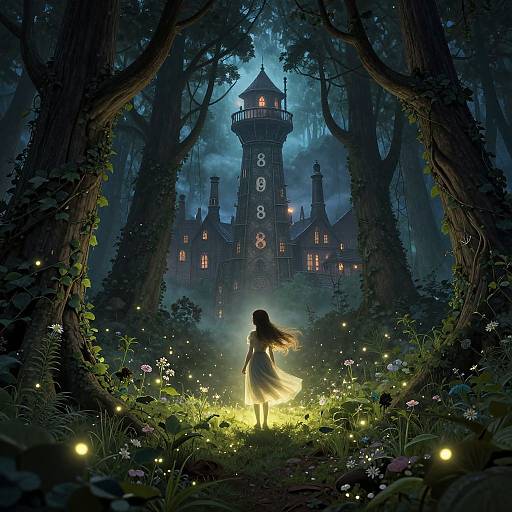 Fantasy illustration: Silhouetted woman with glowing dress stands in enchanted forest, surrounded by fireflies, facing mysterious, illuminated castle in the night