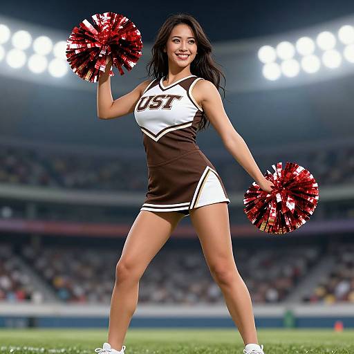 Photograph of a smiling, dark-haired cheerleader in a brown and white outfit, holding red pom-poms, standing on a brightly lit stadium field
