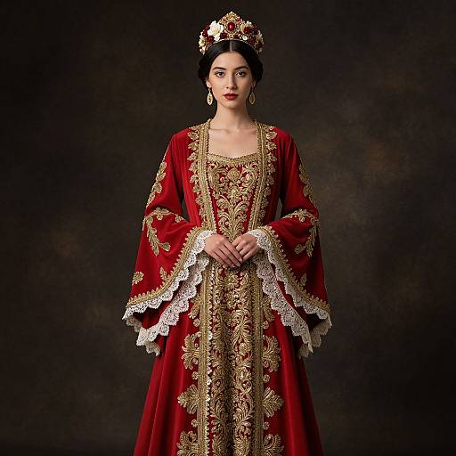 Photograph of a regal woman in an ornate, red velvet gown with gold embroidery and lace, wearing a jeweled crown, against a dark