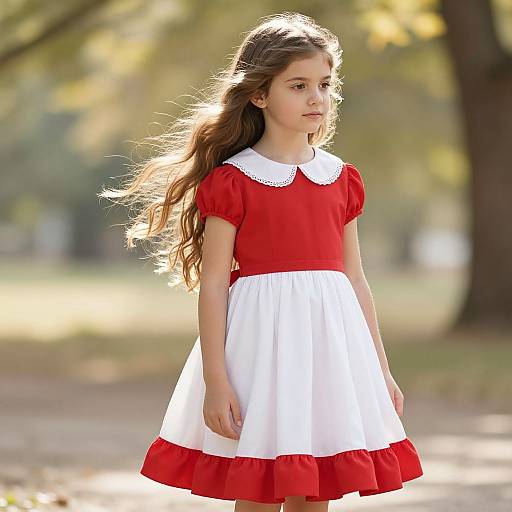 Photograph of a young girl with long brown hair, wearing a red and white dress, standing in a sunlit park.