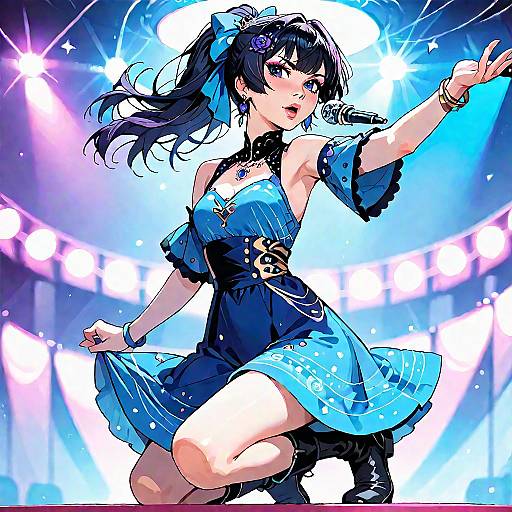Anime Idol Singing on Stage in Blue Dress