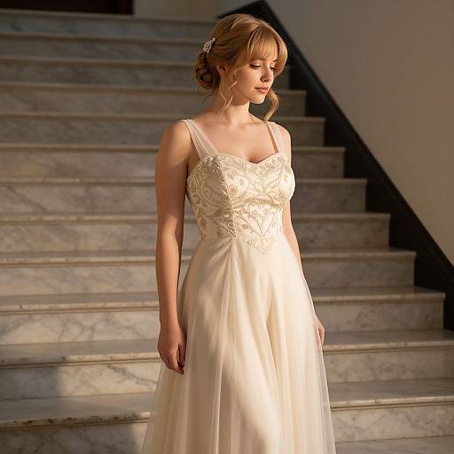 Photograph of a blonde bride in a white, lace-embellished, sleeveless wedding gown standing on marble stairs, bathed in soft sunlight