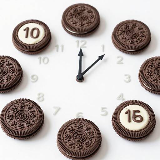 Photograph of a white clock face with black hands, surrounded by six Oreo cookies; each cookie marked with a number (10, 12,