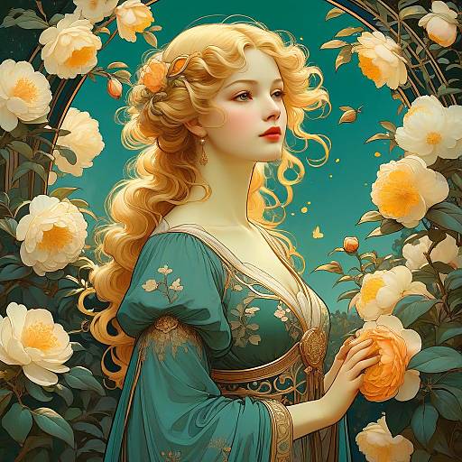 Art Nouveau Woman in Camellia Garden