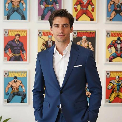 Confident man in blue suit with comic book wall art