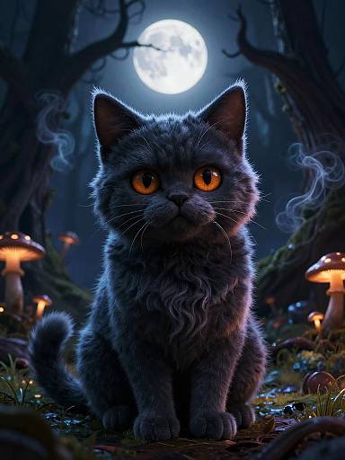 Digital artwork of a curious, fluffy grey kitten with glowing orange eyes, sitting under a full moon in a dark, enchanted forest with glowing mushrooms and mist