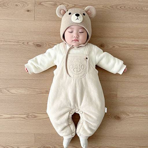 Photograph of a sleeping baby in a white bear-themed onesie with bear ears hat, lying on light wooden floor.