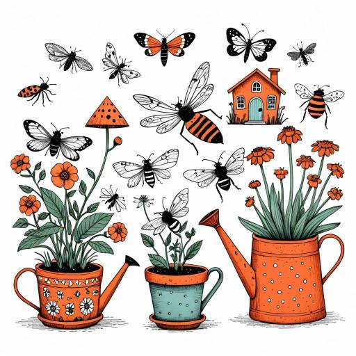 Whimsical garden insects with terracotta pots and watering cans
