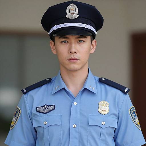Photograph of a young, light-skinned male police officer with blue eyes, wearing a black cap and light blue uniform, standing indoors.