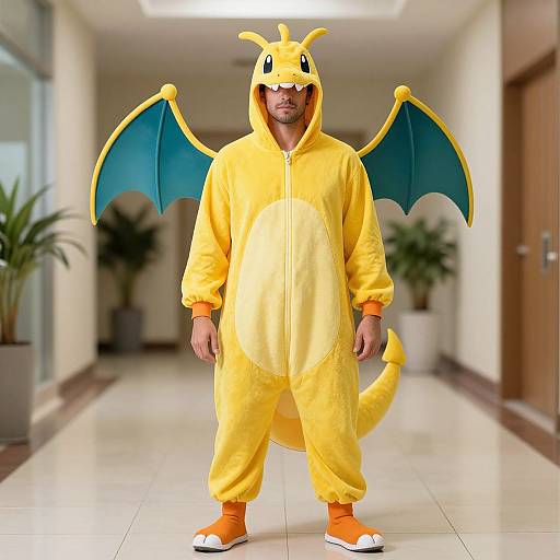 Photograph of a man in a yellow, dragon-themed onesie with blue wings, orange socks, and white shoes, standing in a bright, tiled