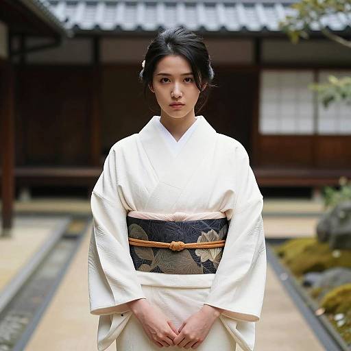 Focused Woman in Traditional Japanese Courtyard