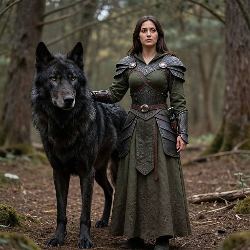 Photorealistic image of a serious, dark-haired woman in medieval green armor standing in a forest, touching a large black wolf.