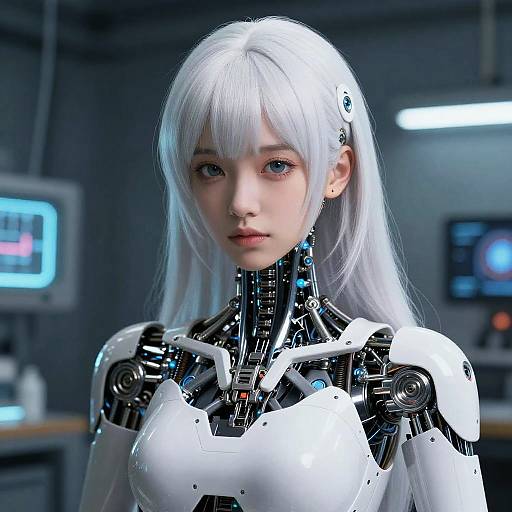 CGI image of a white-haired, blue-eyed, human-robot hybrid woman with white and black mechanical armor in a futuristic lab.
