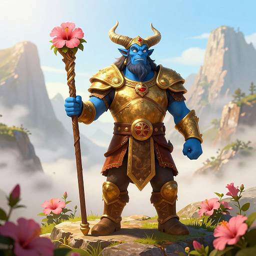 CGI image of a blue-skinned, horned, muscular warrior with golden armor, holding a flower-topped staff, standing in a misty