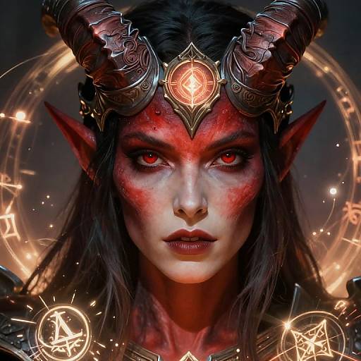 CGI portrait of a fierce, red-skinned demoness with glowing red eyes, dark hair, ornate horned headpiece, and intricate magical