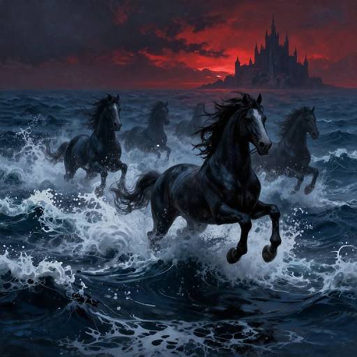 Digital painting of three black horses galloping through turbulent ocean waves towards a dark, ominous castle under a red sunset sky.