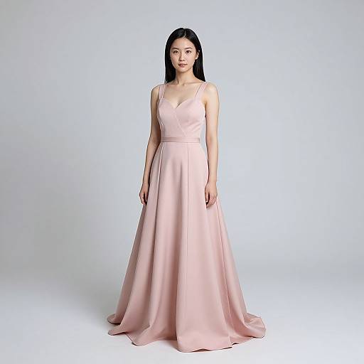 Photograph of an Asian woman with long black hair, wearing a sleeveless, pale pink, floor-length, V-neck gown, standing against a plain