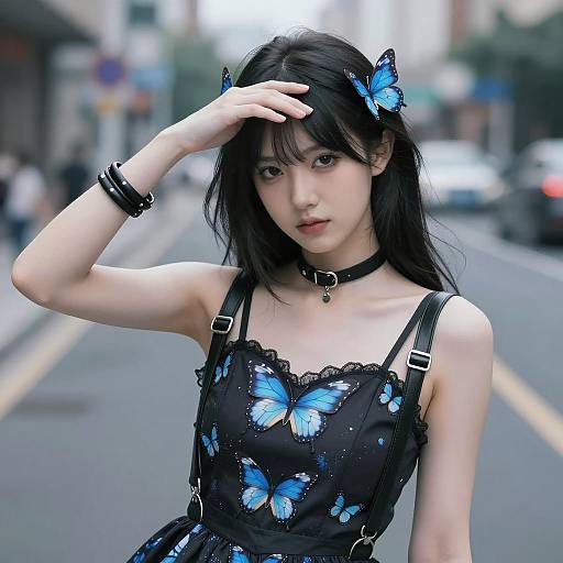 Pale Model with Butterfly Accessories in Urban