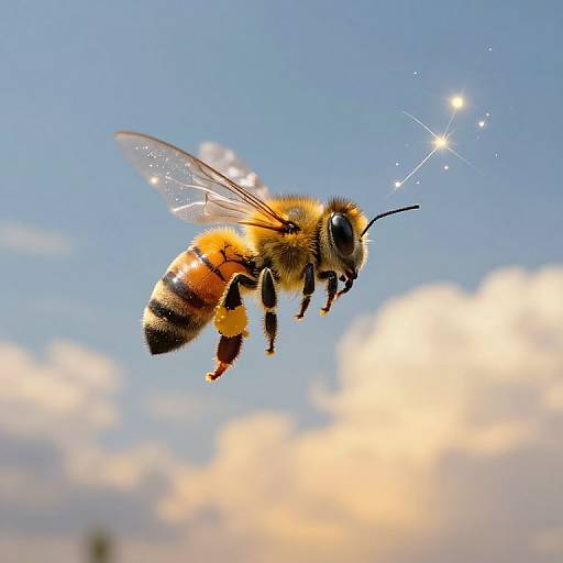 Photograph of a bee with glistening wings and sparkling reflection, flying against a bright blue sky with soft, white clouds.