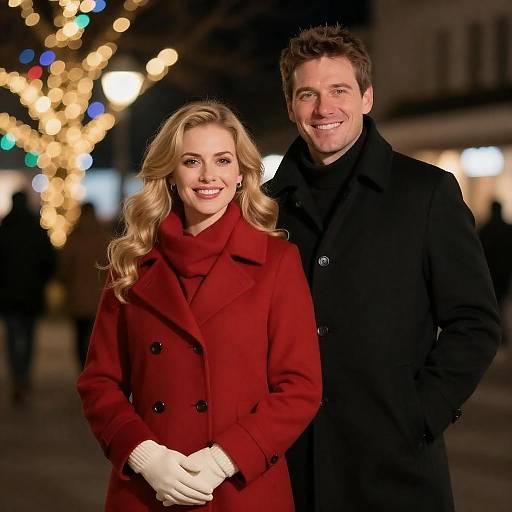 Smiling Couple Under Festive Night Lights
