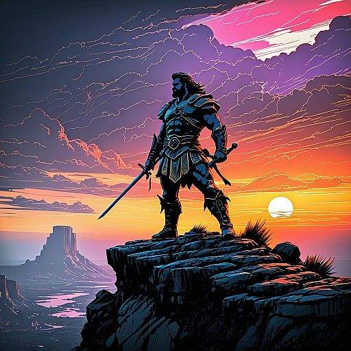 Fantasy Warrior at Sunset Cliff Scene Fantasy Warrior at Sunset Cliff Scene