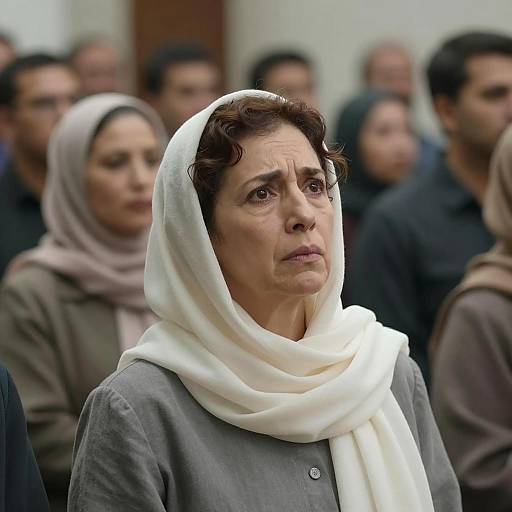 Concerned Middle-Aged Woman in White Headscarf
