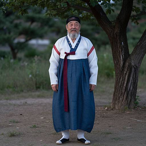 Photograph of an elderly Korean man with a white beard, wearing traditional hanbok, standing outdoors under a tree at dusk.