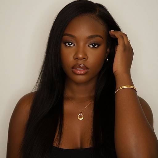 Photograph of a beautiful, dark-skinned Black woman with long, straight black hair, wearing a black top, gold necklace, and bracelet, touching