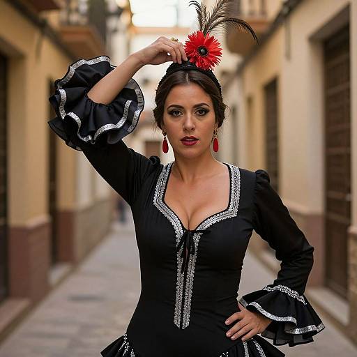 Photograph of a Latina woman with dark hair, wearing a black flamenco dress, red earrings, and a red feathered hat, posing confidently in