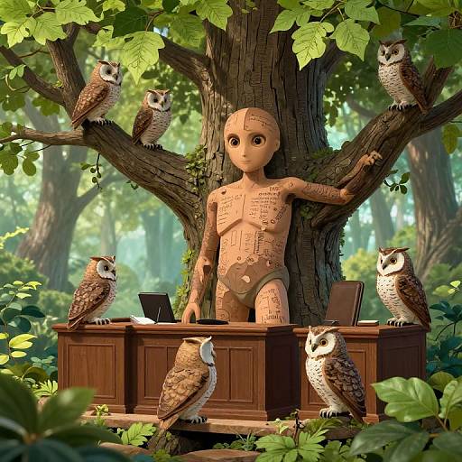 Photorealistic CGI of a faceless, text-covered humanoid figure surrounded by owls, sitting at a wooden desk in a sunlit forest.