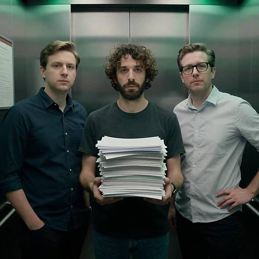 Three Men in a Green-Lit Elevator Scene
