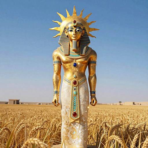 Golden Anubis statue with sun crown, blue and red jewelry, standing in golden wheat field under clear blue sky. Photorealistic CGI.