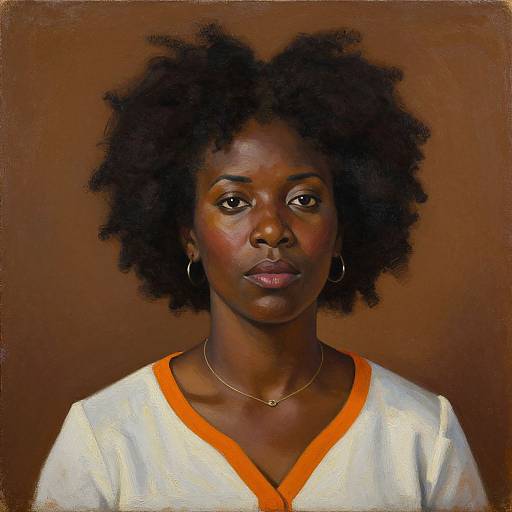 Digital painting of a serious, dark-skinned African woman with natural afro, wearing a white V-neck shirt with orange trim, and small hoop earrings
