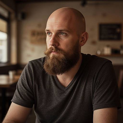 Photograph of a bald, bearded white man with green eyes, wearing a dark gray V-neck shirt, sitting in a dimly lit, rustic