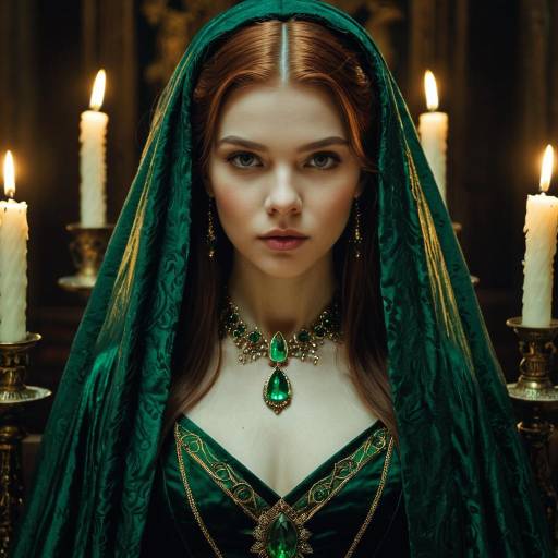 Woman in Emerald Renaissance Dress with Candles