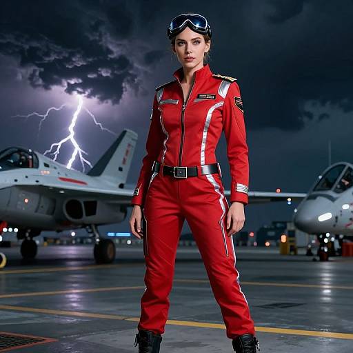 CGI image of a confident woman in a red flight suit with goggles, standing on a stormy airfield with lightning, two jets in the background
