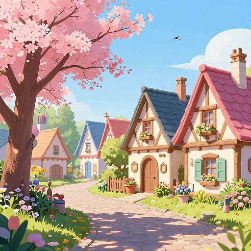 Digital painting of a charming village street with pink cherry blossoms, quaint cottages, flower-filled gardens, and a sunny blue sky.