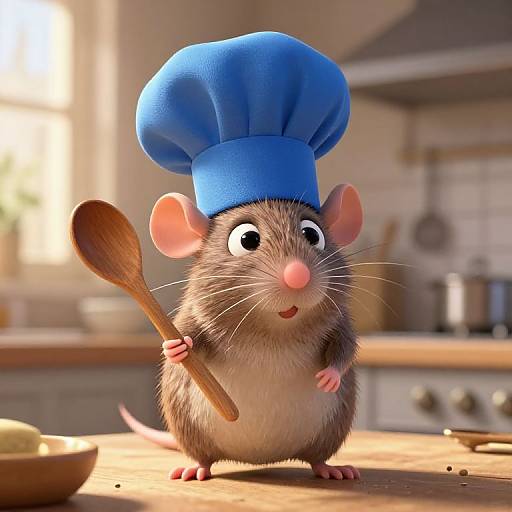 CGI cartoon rat in a blue chef hat, holding a wooden spoon, standing on a kitchen countertop with blurred background.