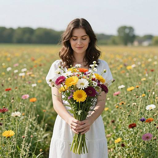Photograph of a smiling brunette woman in a white dress holding a vibrant bouquet of flowers in a sunny, colorful meadow.