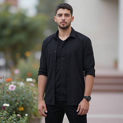 Photograph of a serious, bearded man with short dark hair, wearing a black button-up shirt and black pants, standing in a blurred garden with