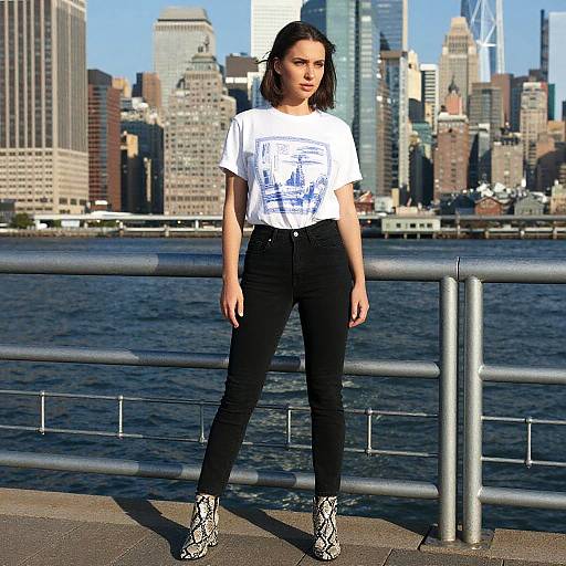 Photograph of a young woman with light skin and black hair, wearing a white graphic t-shirt, black high-waisted jeans, and snake-print